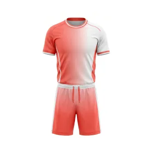 Front view of coral red and white ombre soccer uniform set, featuring a gradient jersey and shorts for men.
