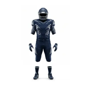Front view of a navy and silver padded American football uniform with helmet, jersey, pants, gloves, and cleats.