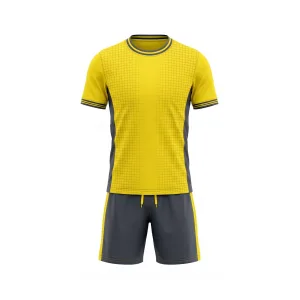 Front view of Spenix yellow and dark grey soccer uniform set, featuring a grid pattern yellow soccer jersey and dark grey shorts with yellow stripes.