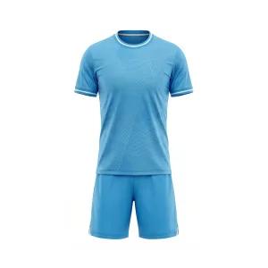 Front view of an aqua blue soccer uniform set featuring a short-sleeve jersey with subtle stripes and matching shorts.