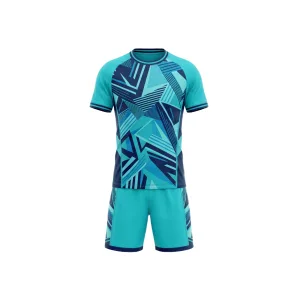 Front view of Spenix Sports Wear teal and navy geometric pattern soccer kit for men and youth