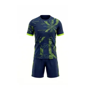 Front view of navy and neon green abstract pattern soccer uniform with short sleeves and shorts for players
