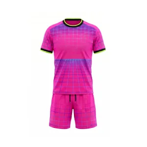 Front view of a hot pink grid pattern soccer uniform kit with black and lime green trim on a white background