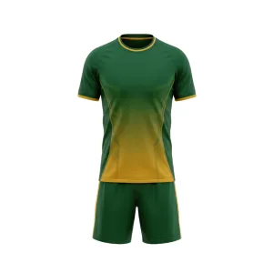 Front view of an emerald gold soccer kit featuring a gradient jersey and matching shorts, ideal for team sports.