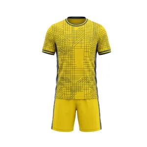 Front and back view of a yellow and black grid pattern Spenix Sports Wear soccer uniform set