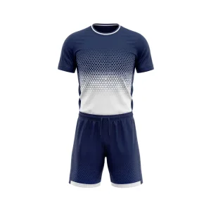 Front view of Spenix Sports Wear navy and white hexagon gradient soccer jersey and shorts set for men
