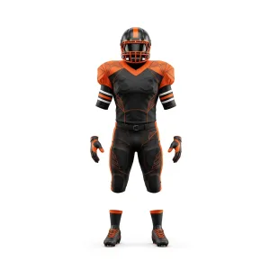Black and orange American football uniform featuring a helmet, padded jersey, pants, gloves, and cleats, displayed on a white background.