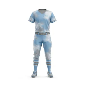 Front view of a Light Blue Cloud Pattern Softball Uniform, including jersey, pants, belt, socks, and cleats
