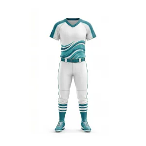 Full Spenix Sports Wear teal wave softball uniform set, featuring a white and teal v-neck jersey and white pants with piping.