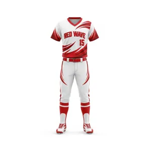 Front view of a white and red dynamic wave softball uniform set featuring 'RED WAVE 15' on the jersey and red accents.