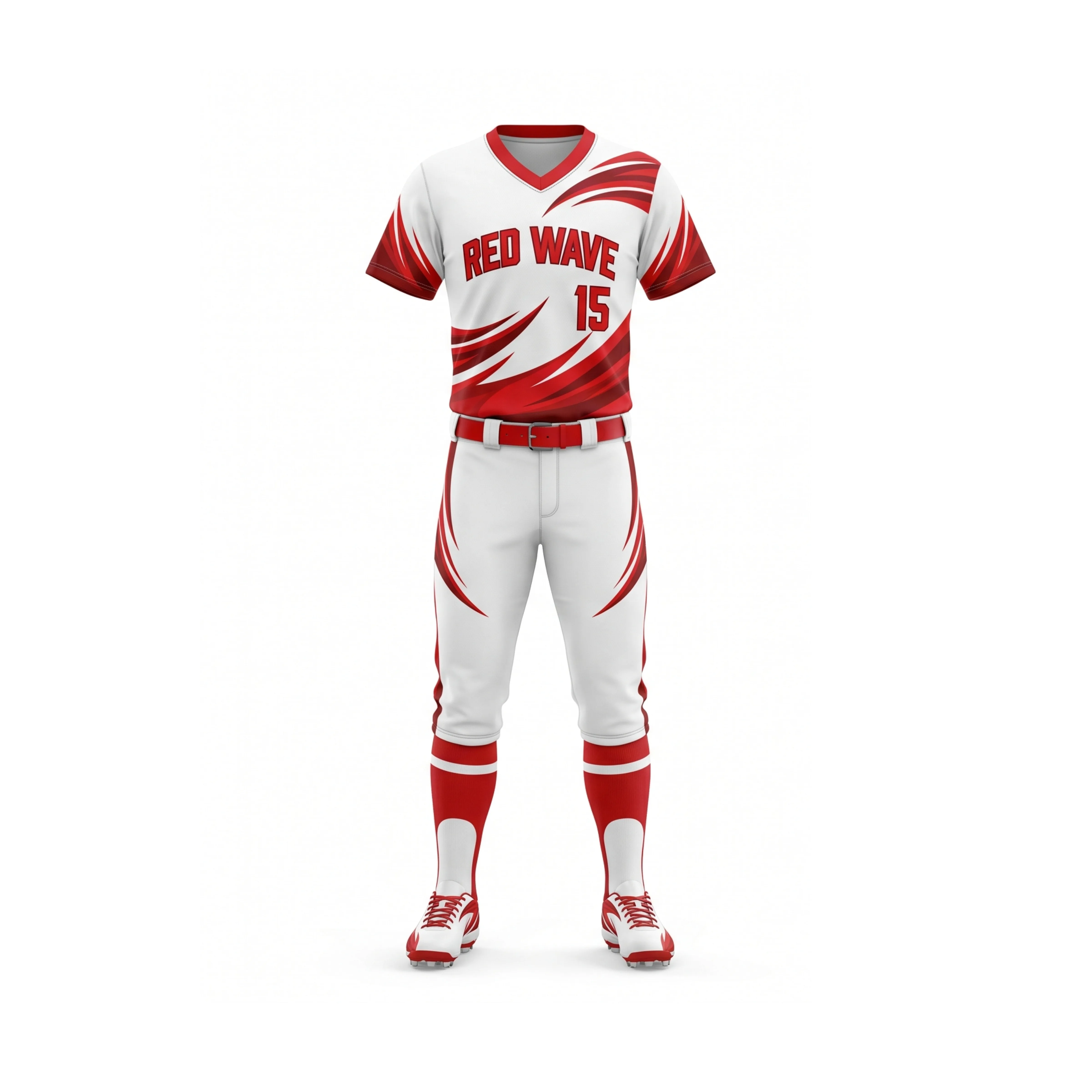 Front view of a white and red dynamic wave softball uniform set featuring 'RED WAVE 15' on the jersey and red accents.