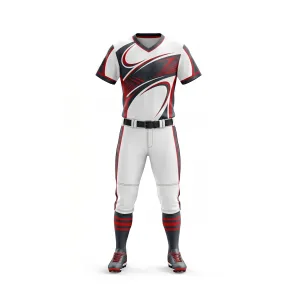 Front and back view of a White, Red, and Black Dynamic Swirl Softball Uniform with V-neck jersey and piped pants.