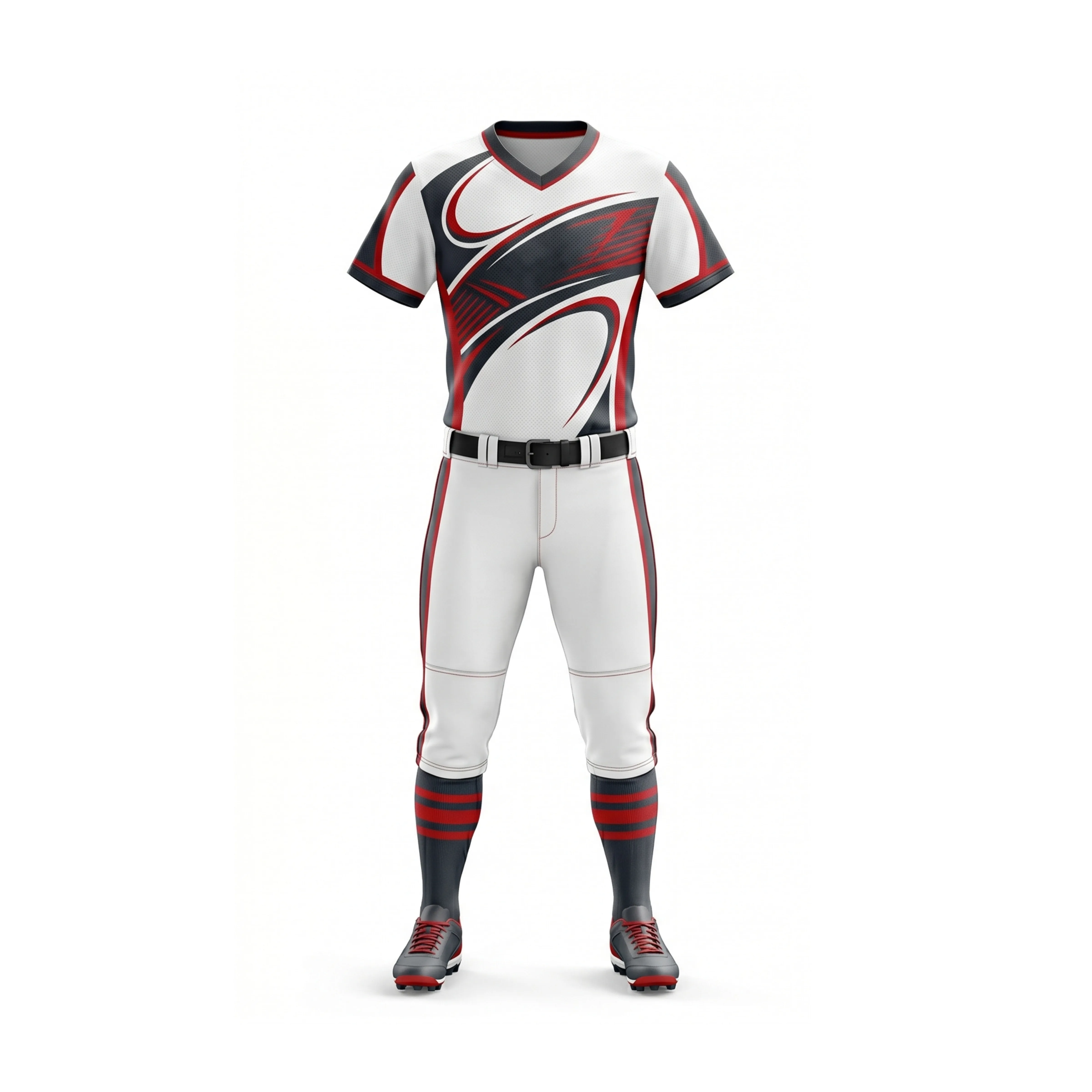 Front and back view of a White, Red, and Black Dynamic Swirl Softball Uniform with V-neck jersey and piped pants.