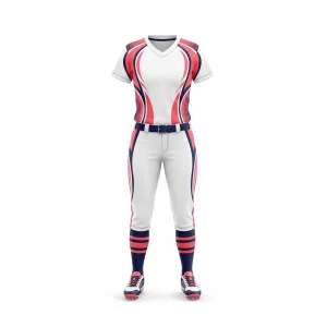 Softball uniform with red, white, and navy blue design, striped socks, and cleats