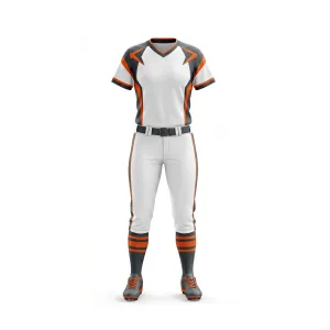 Softball uniform with white jersey and pants, orange and grey accents, and striped socks
