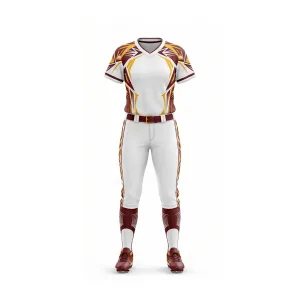 Maroon, yellow, and white softball uniform with unique pattern, featuring V-neck jersey and pants