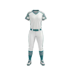 Softball uniform with white base, teal accents on sleeves, belt, and socks