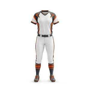 Softball uniform with white pants, orange and grey stripes, and matching socks
