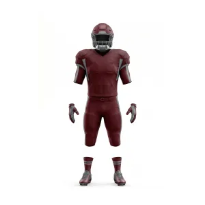 Maroon & grey American football uniform set, including jersey with number 11, helmet, gloves, pants, and cleats