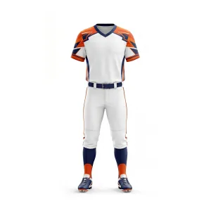 Softball uniform with white jersey and pants, navy and orange accents