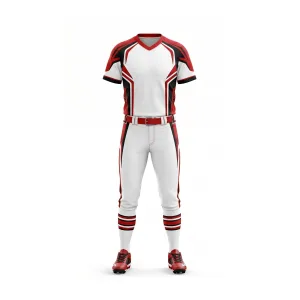 Red and black softball uniform with white pants and striped accents