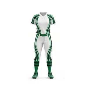 White and green stripe softball uniform with belt and knee-high socks