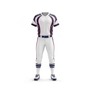 White softball uniform with navy and red stripes, short-sleeved jersey and matching pants