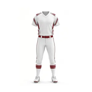 White softball uniform with red accents and striped sleeves on display