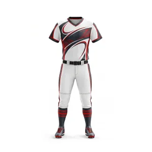 Softball uniform with white, red, and black swirl pattern design