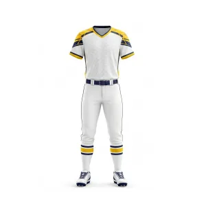 Softball uniform with white jersey, white pants, yellow and navy blue accents
