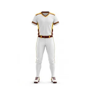 White softball uniform with maroon and gold accents, front and back views