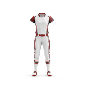 Softball uniform with white base, red and black striped accents, and matching cleats