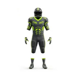 Full black and neon green American football uniform kit with helmet, jersey, pants, gloves, and cleats displayed on a white background.