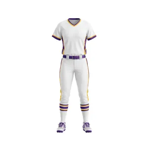 Softball uniform with white base, purple and yellow accents, and matching pants