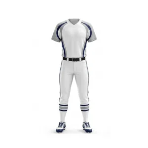 Front view of a white, grey, and navy baseball or softball uniform set, complete with jersey, pants, belt, and socks.