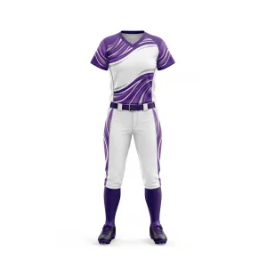 Front view of a white and purple softball uniform set with a dynamic swirl pattern, featuring a V-neck jersey and knicker pants.