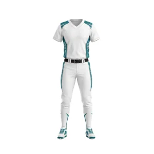 Front view of a white and teal women's softball uniform featuring a V-neck jersey, matching pants, and a black belt.
