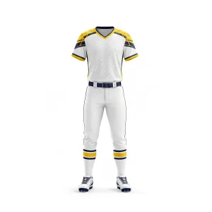 Full front and back view of a white, yellow, and navy softball uniform set featuring a V-neck jersey and pants.