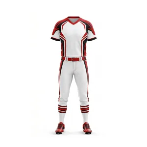 Front and back view of a white, red, and black softball uniform set with athletic fit.