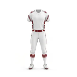 White softball uniform with red accents and striped sleeves