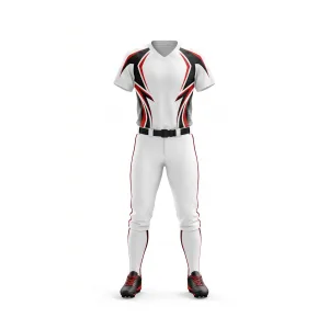 Full white, black, and red softball uniform set with dynamic angular design on jersey