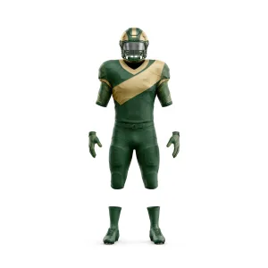Front view of a Green & Gold Diagonal Stripe American Football Uniform set, including helmet, jersey, pants, gloves, and boots, isolated on white background.