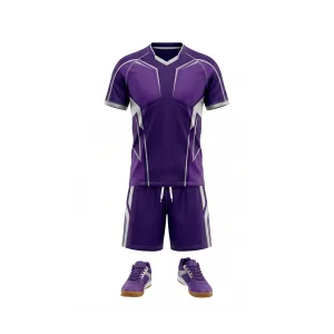 Purple table tennis uniform set with white accents, including shirt, shorts, and shoes