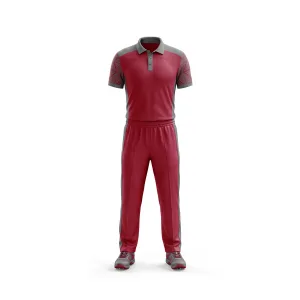 Front view of Spenix Sports Wear dark red and grey patterned cricket uniform set, featuring a polo shirt and track pants for men.