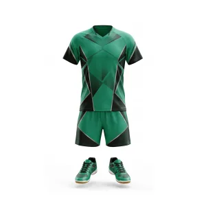 Emerald green and black geometric table tennis uniform set with matching shoes