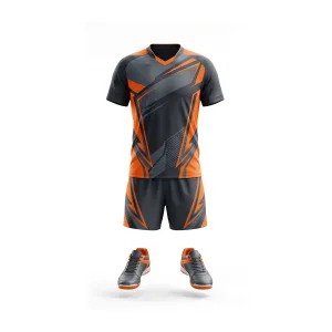 Black and orange geometric table tennis uniform set with cleats, front and back views