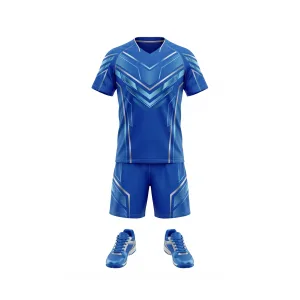 Royal blue table tennis uniform set with white accents, including shirt, shorts, and shoes