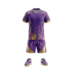 Table tennis uniform set with purple and gold geometric pattern, including jersey, shorts, and matching shoes