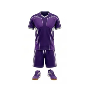 Front view of Spenix Sports Wear purple and white geometric table tennis uniform with matching shoes.