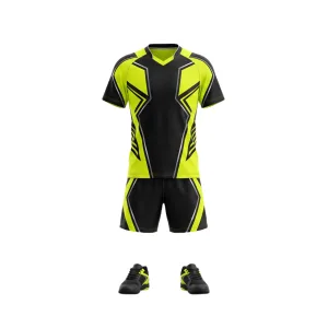 Dynamic black and neon yellow geometric table tennis uniform set featuring a short-sleeve jersey, matching shorts, and athletic shoes.